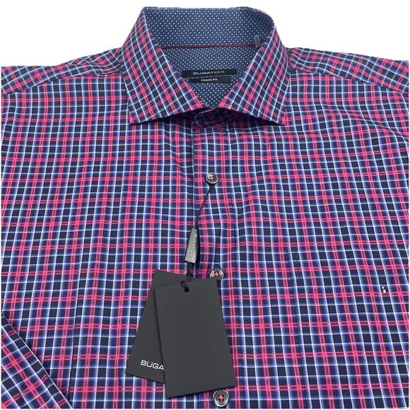 NWT Bugatchi Mens Pink/Navy Plaid Button Up Lone Sleeve-L - Picture 5 of 15